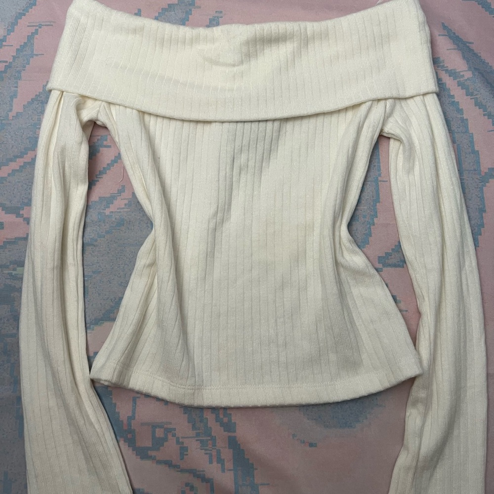 Cream Ribbed Off-the-Shoulder Sweater
